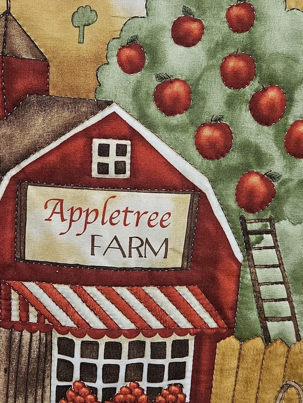 Vintage Quilted Wall Hanging Red Barn Apple Farm Country Cottagecore Tapestry